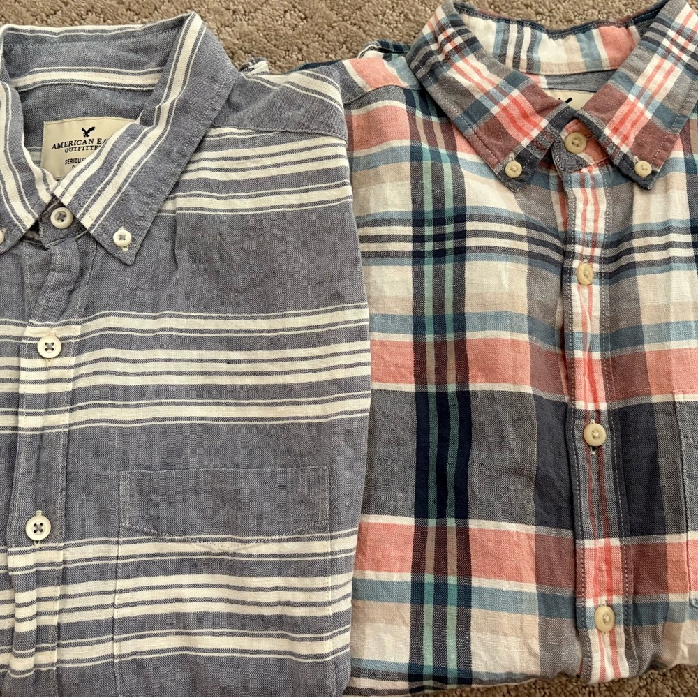 American Eagle Outfitters Blue stripe and plaid linen l/s Button Down Shirts